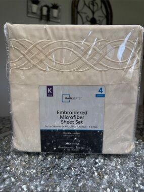 Mainstays King Embroidered Microfiber Sheet Set - Ivory Cream NEW